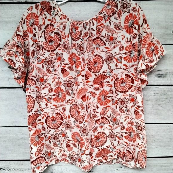 W5 Concepts Blouse Orange Floral Ruffle Sleeve Tie Front Sz M Cottagecore - Picture 6 of 9